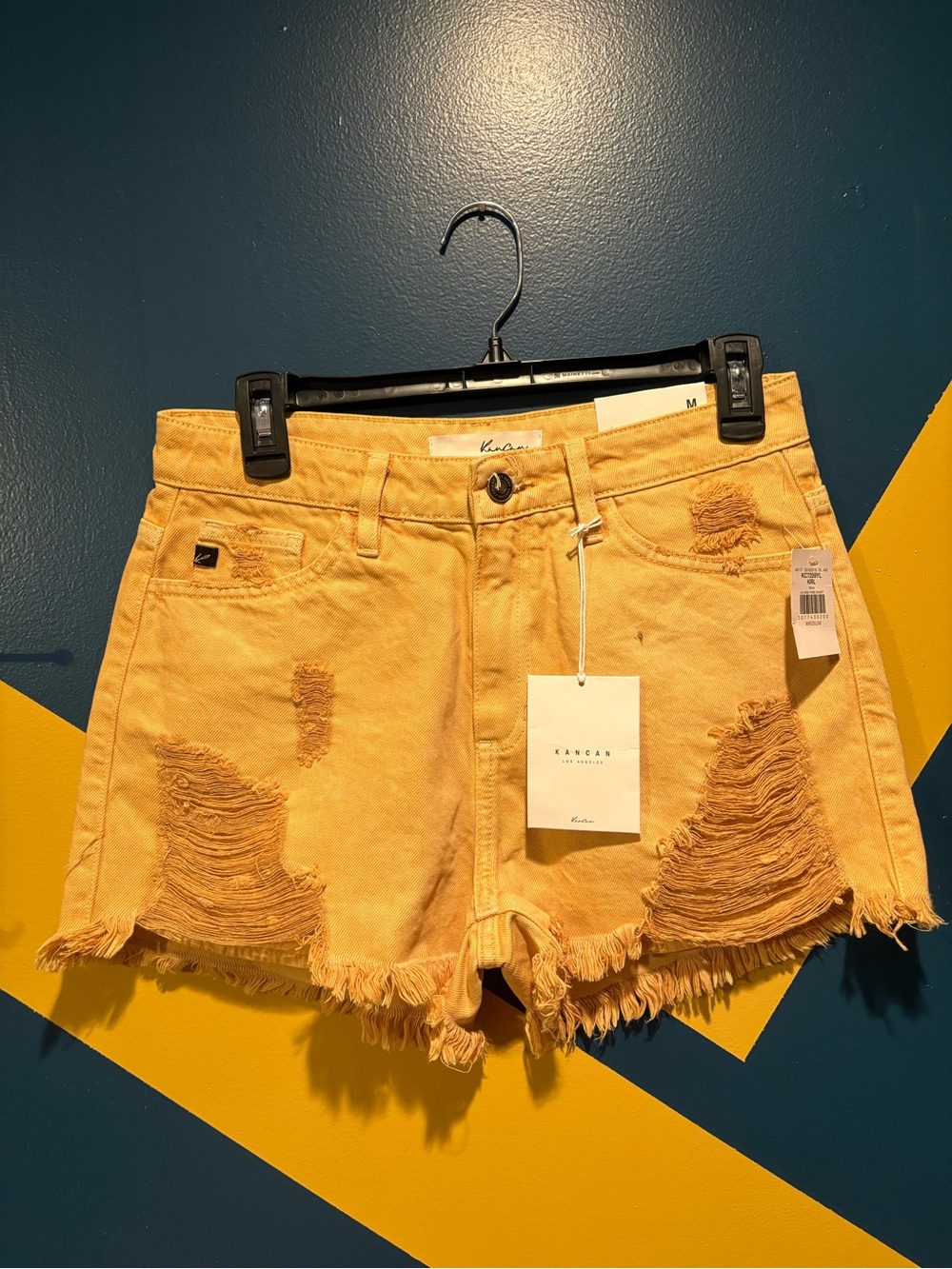Kancan Golden Yellow High Rise Distressed Denim Shorts NWT